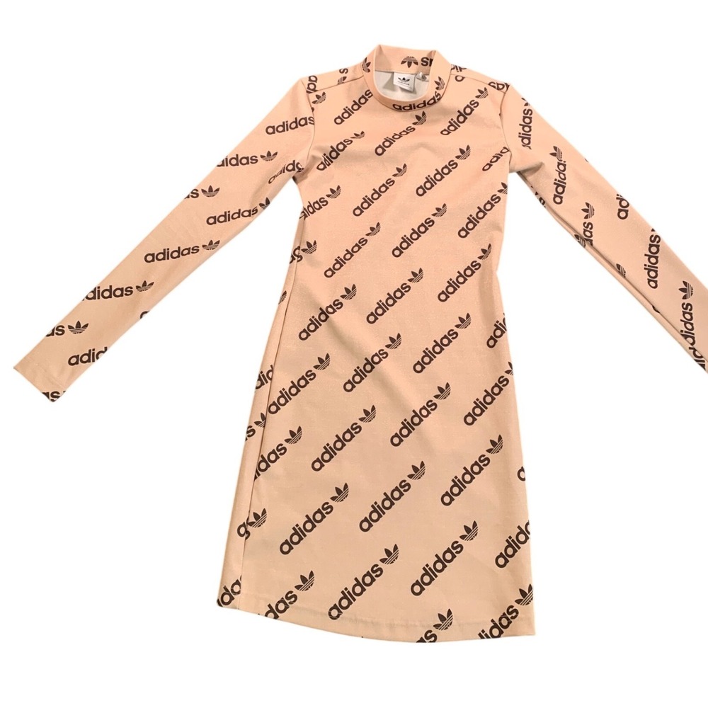 Adidas Originals‎ Dress Monogram Long Sleeve Logo Print Bodycon Pink Peach XS